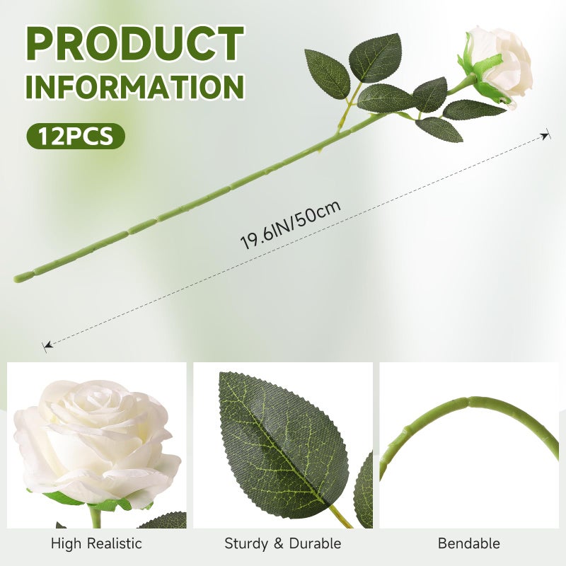 Tifuly زهور صناعية من Tifuly White Roses - 12 قطعة من باقة ورود الحرير المزيفة ذات جذع طويل واحد واقعي للحفلات والمنزل وحفلات الزفاف والديكور المنزلي (أبيض فاتح) - Image 2